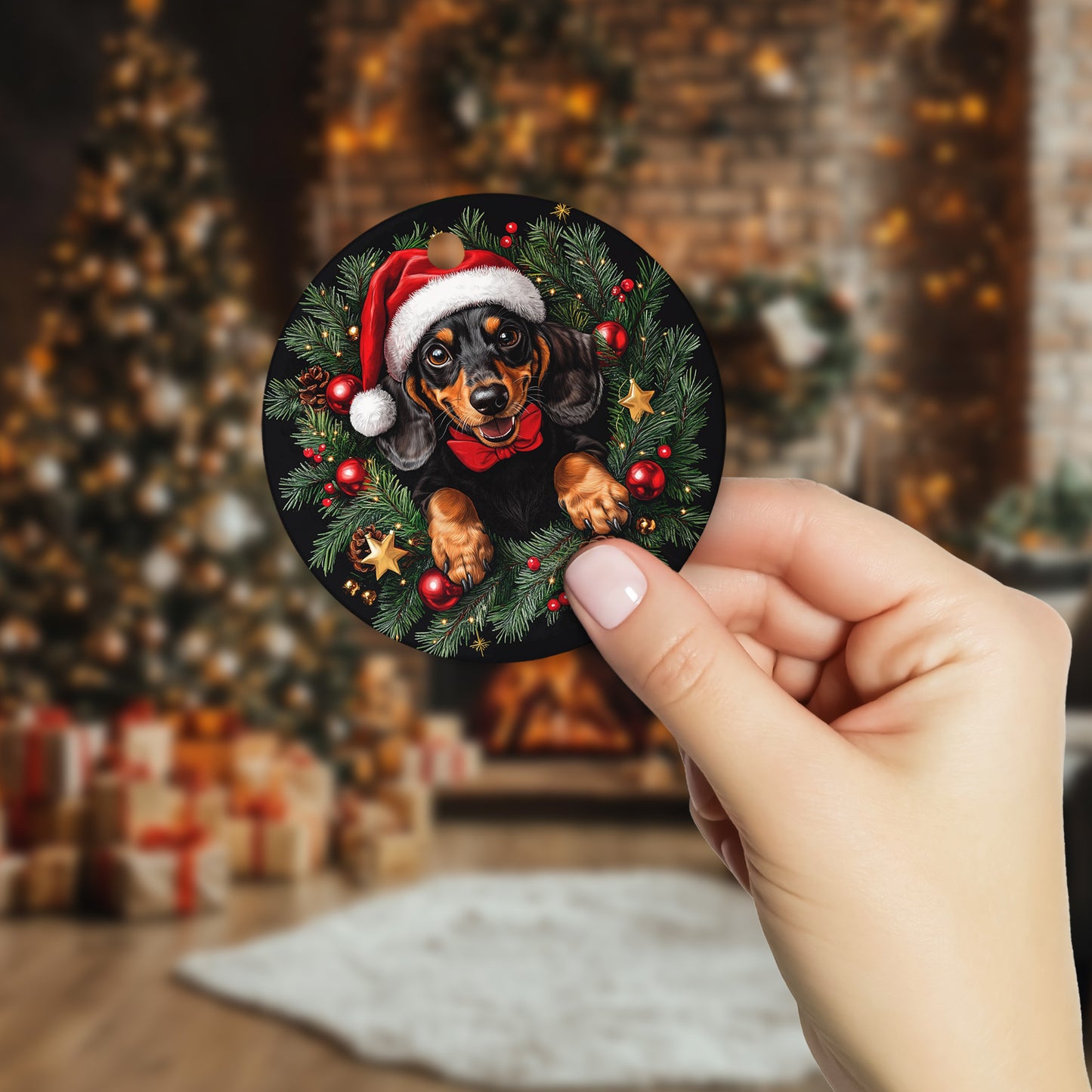 Netecom Funny Dachshund in Santa Hat Christmas Ornament, Wiener Dog Ceramic Ornament for Xmas Tree Hanging Decorations Gift, Dog Lover Gifts, Holiday Party Present