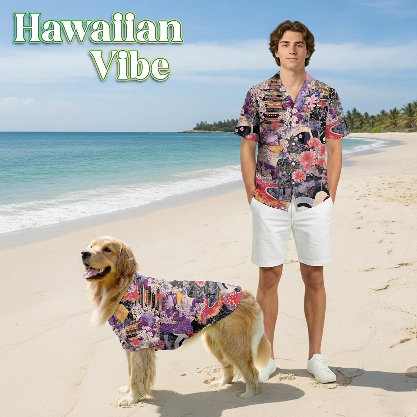 Japanese Ukiyoe Sakura Art Print Hawaii Dog and Owner Matching Button Shirts