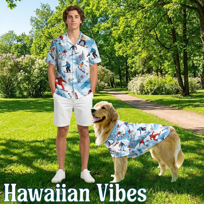 Netecom Matching Snowboarding Skiing Aloha Hawaiian Shirt for Dog and Owner, Winter Sport Inspired Summer Shirt, Coordinated Beach Vacation Casual Wear for Pet and Human