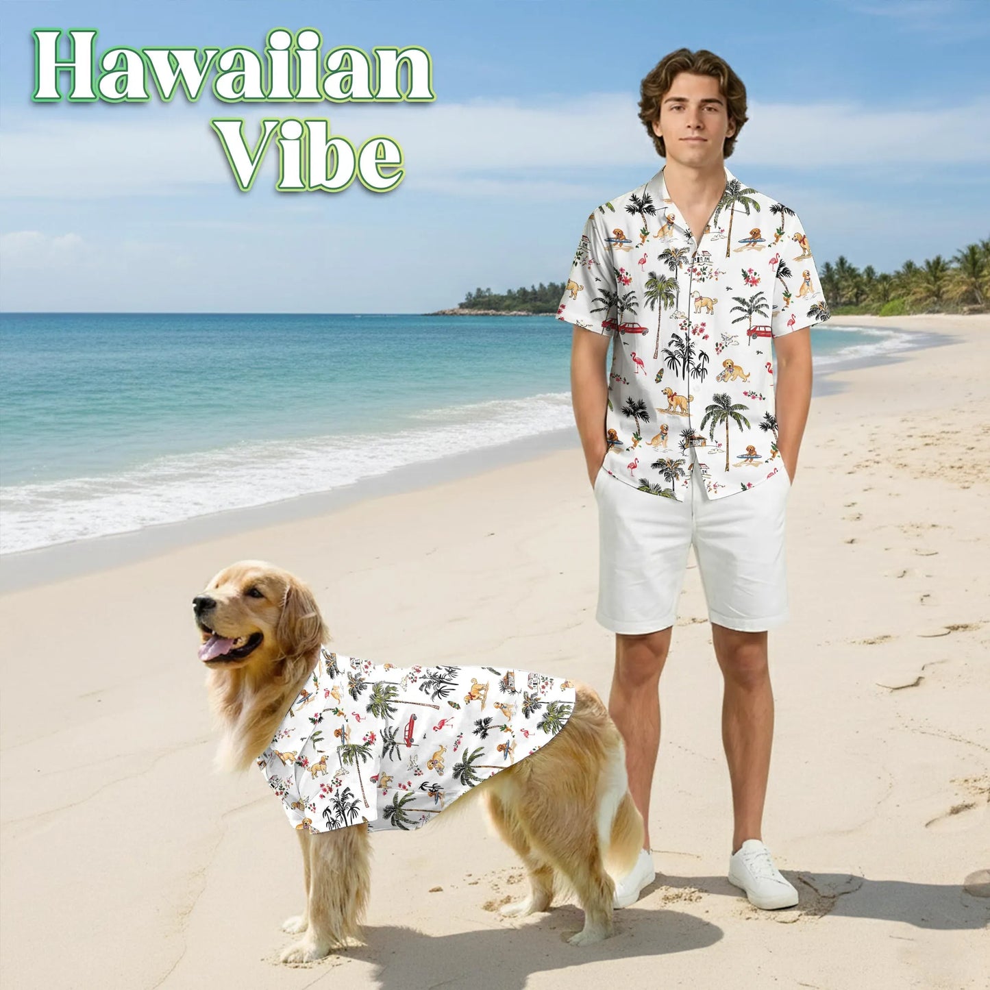 Cute Golden Retriever Beach Print Hawaii Dog and Owner Matching Button Shirts