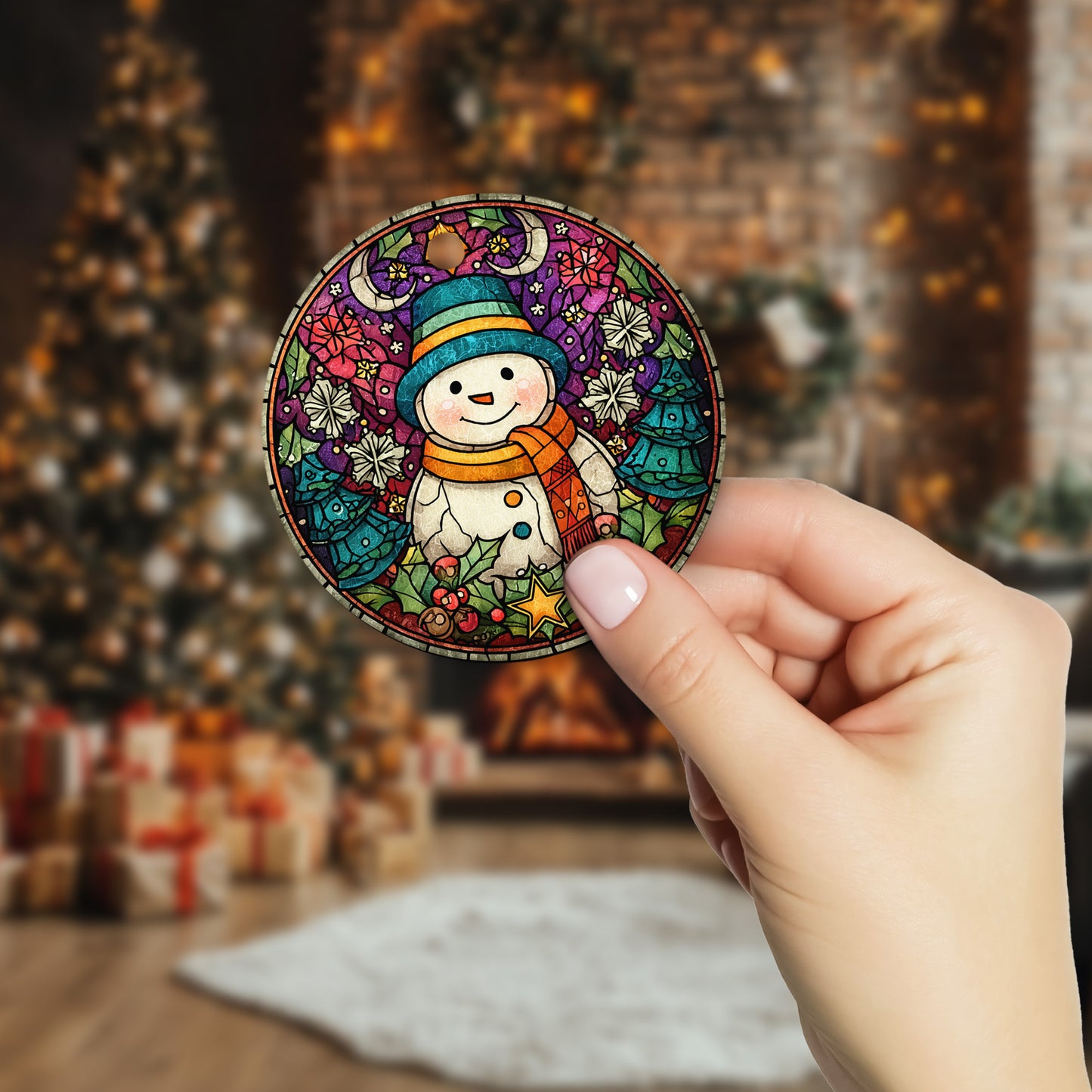 Netecom Funny Stained Glass Snowman Ornament, Snowman Christmas Ceramic Ornament for Xmas Tree Hanging Decorations Gift, Gifts for Friends & Family, Holiday Party Present