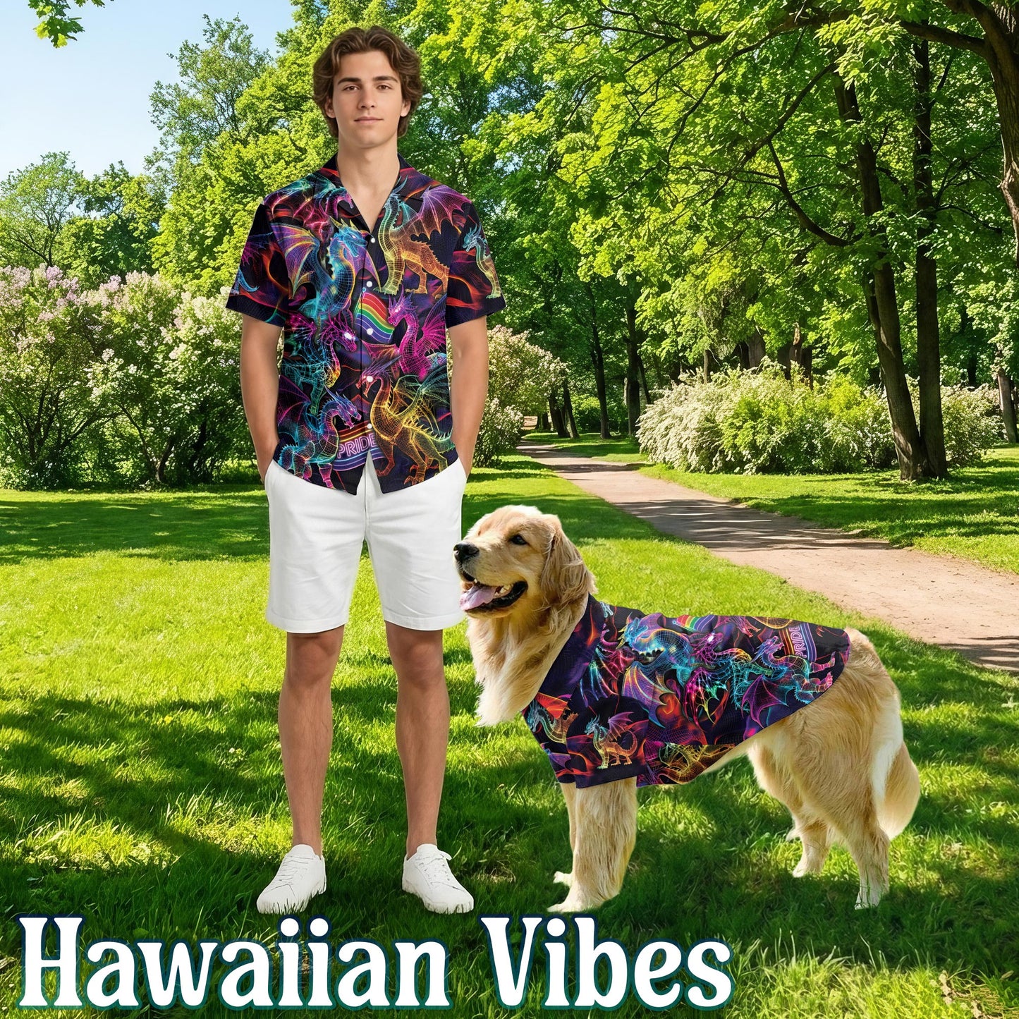 Netecom Matching Pride Dragon Aloha Hawaiian Shirt for Dog and Owner, Aloha Summer Shirt, Colorful Dragon Print Outfit for Pet and Human, Beach Vacation Casual Wear