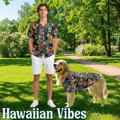 Netecom Matching Dragon Cocktail Hawaiian Shirt for Dog and Owner, Tropical Aloha Summer Shirt, Dragon Drink Print Button Down Outfit for Pet and Human, Beach Vacation Casual Wear