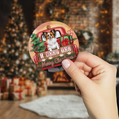 Netecom Funny Papillon Dog in Red Truck Ornament, I Woof You Merry Christmas Ceramic Ornament for Christmas Tree Hanging Decorations Gift, Dog Lover Gifts, Holiday Party Present