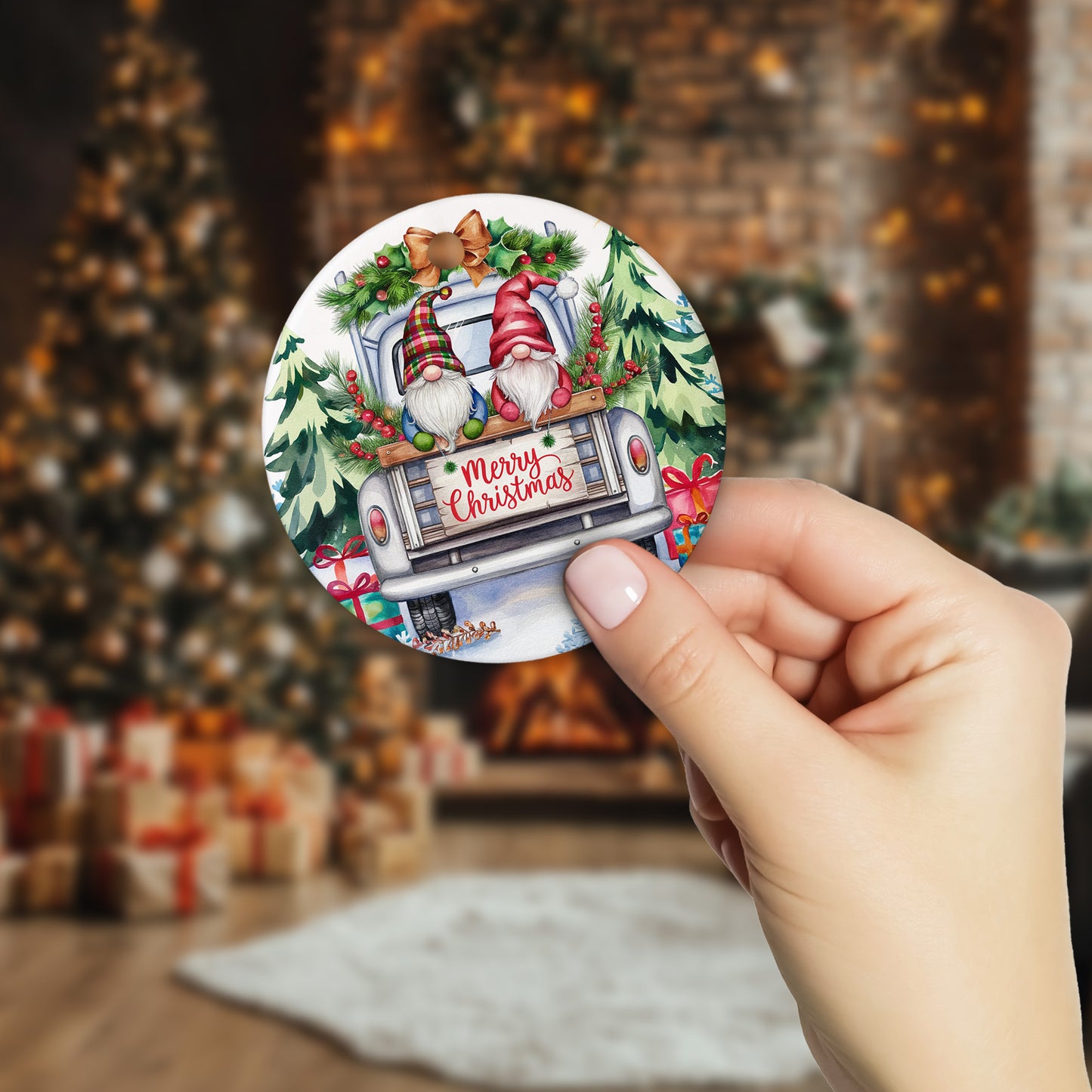 Netecom Funny Gnomes in White Truck Ornament, Merry Christmas Ceramic Ornament for Xmas Tree Hanging Decorations Gift, Gnomes Lover Gifts, Home Decor, Holiday Party Present
