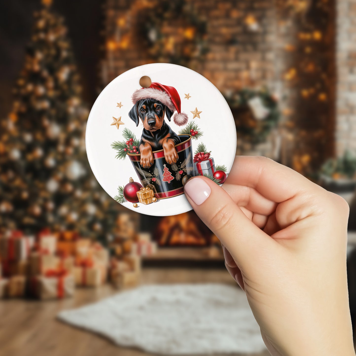 Netecom Funny Doberman in Bucket Ornament, Dog with Santa Hat Ceramic Ornament for Christmas Tree Hanging Decorations Gift, Dobie Dog Lover Gifts, Home Decor, Holiday Party Present