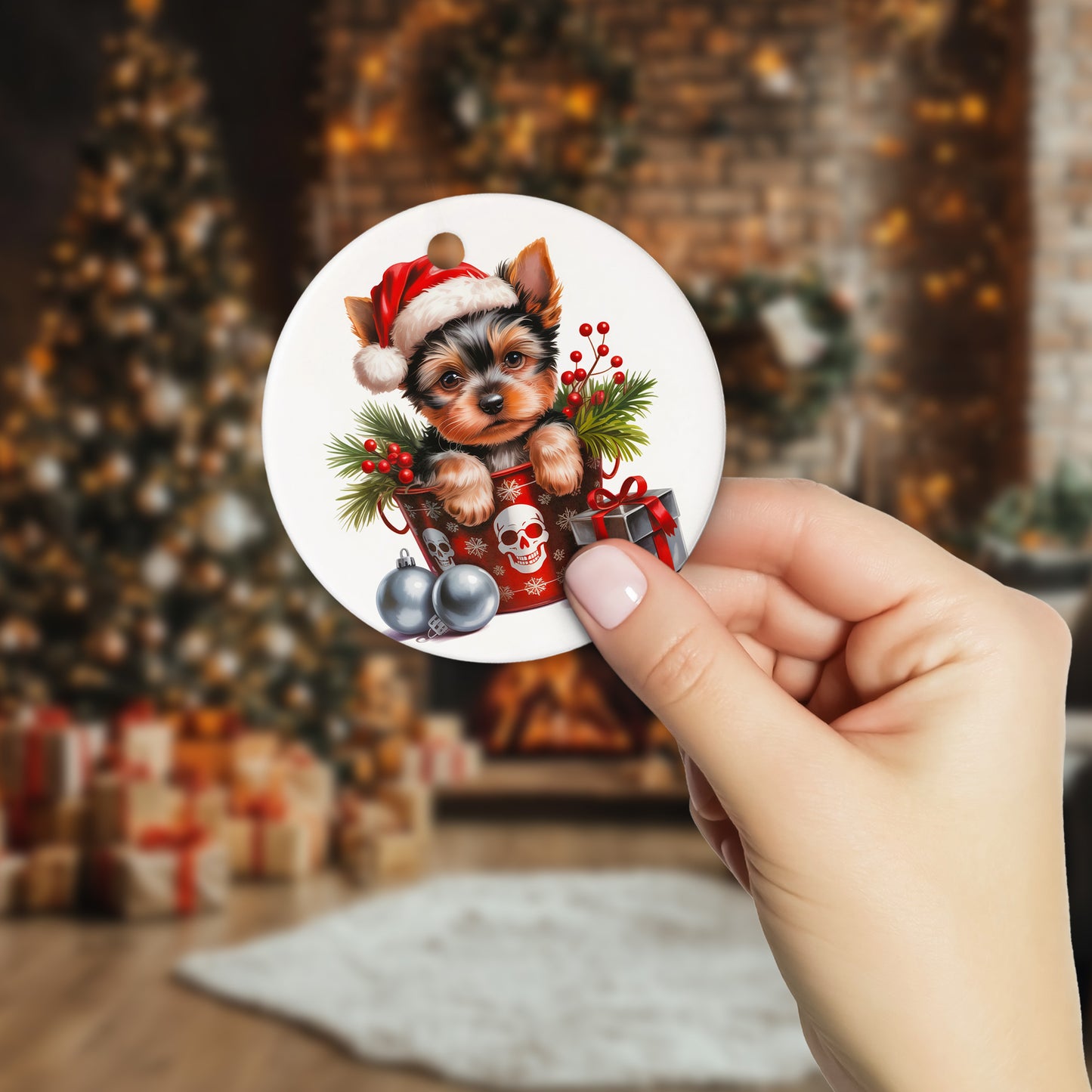 Netecom Cute Yorkshire Terrier Puppy in Bucket Ornament, Dog with Santa Hat Ceramic Ornament for Christmas Tree Hanging Decorations Gift, Pet Lover Gifts, Home Decor, Holiday Party Present