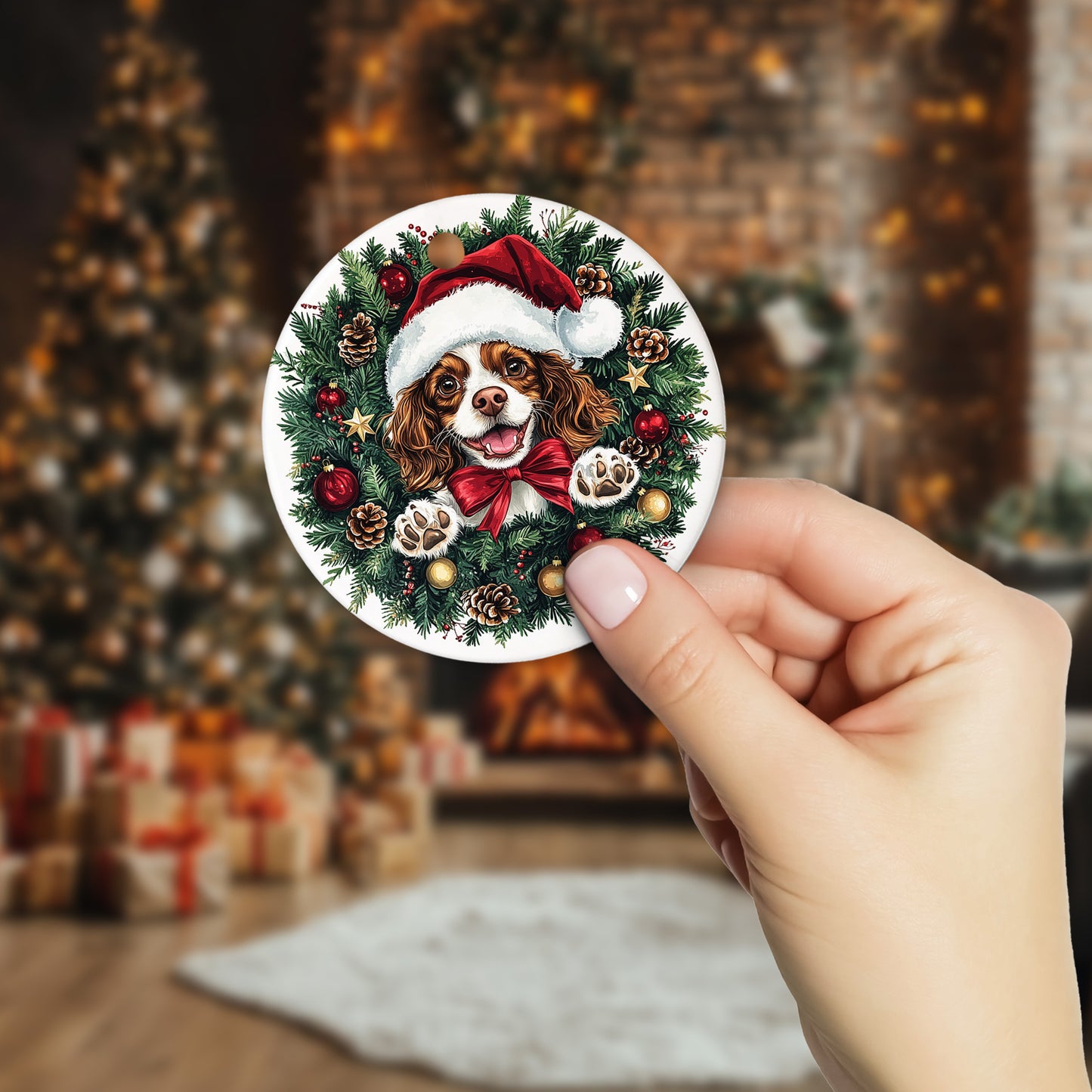 Netecom Cute Cavalier King Charles Spaniel Christmas Ornament, Puppy Ceramic Ornament for Xmas Tree Hanging Decorations Gift, Dog Lover Gifts, Holiday Party Present