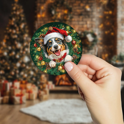 Netecom Cute Australian Shepherd Christmas Ornament, Dog Santa Hat Ceramic Ornament for Xmas Tree Hanging Decorations Gift, Puppy Lover Gifts, Home Decor, Holiday Party Present