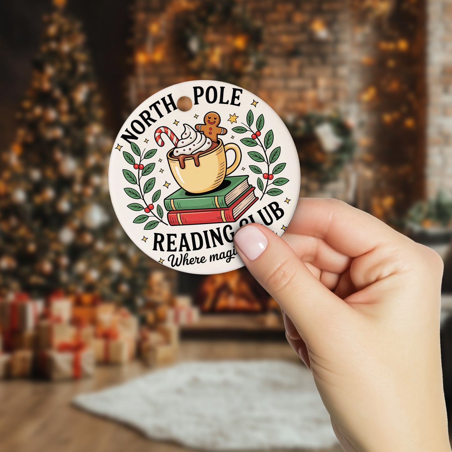 Netecom Classic Reading Book and Coffee Cup Ornament, Reading Club Ceramic Ornament for Xmas Tree Hanging Decorations Gift, Book Lover Gifts for Women Librarian Teacher Bookworm Literature