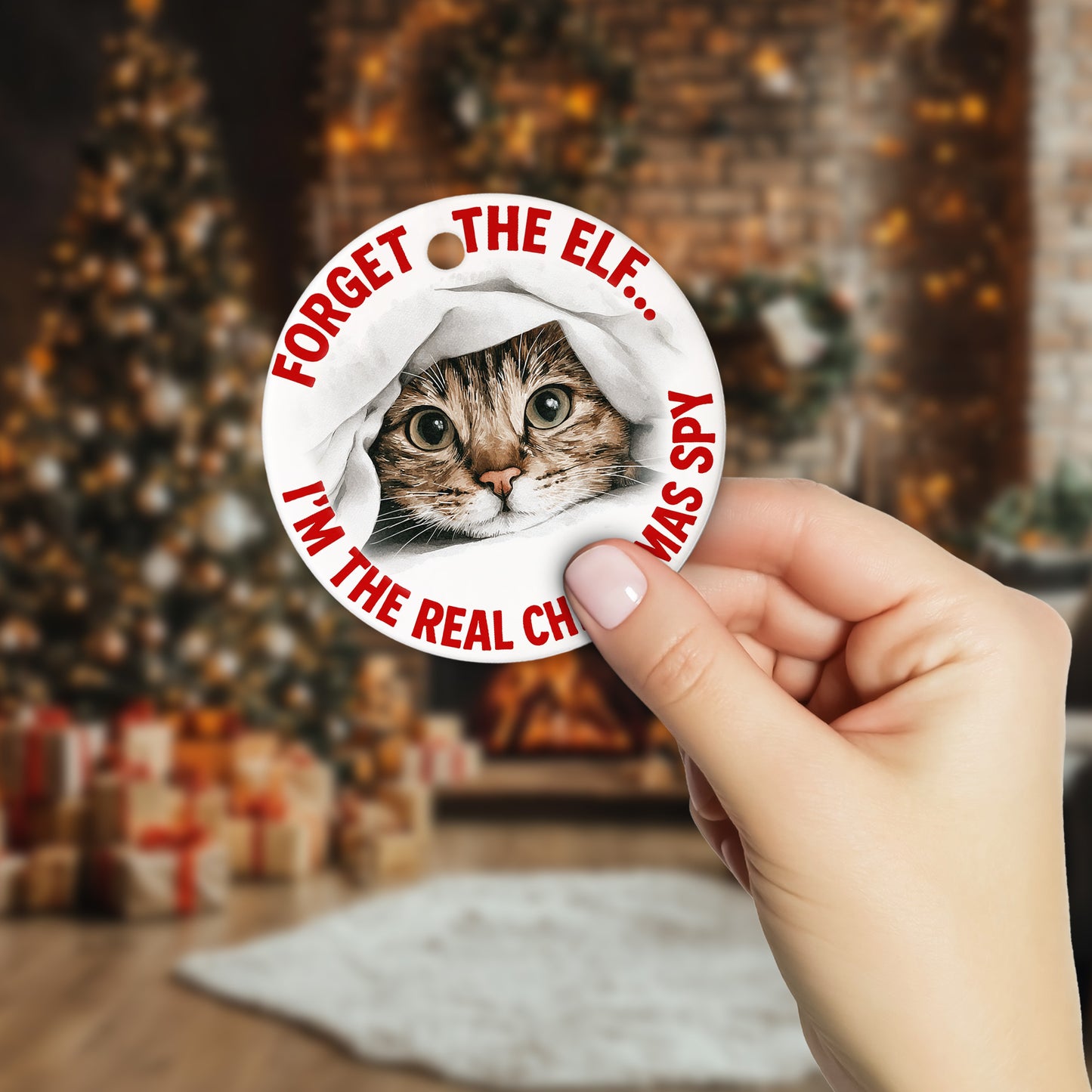 Netecom Funny Cat Christmas Ornament, Forget the Elf I'm the Real Christmas Spy Ceramic Ornament for Tree Hanging Decorations Gift, Cat Lover Gifts, Holiday Party Present