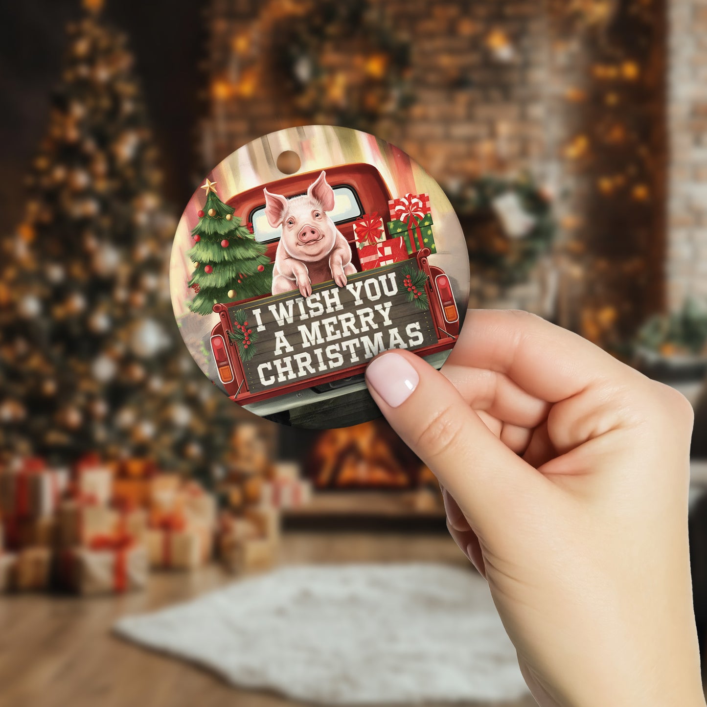Netecom Funny Pig in Red Truck Ornament, I Wish You a Merry Christmas Ceramic Ornament for Christmas Tree Hanging Decorations Gift, Farm Animal Lover Gifts, Holiday Party Present