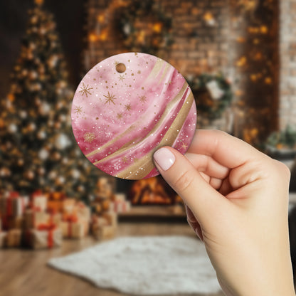 Netecom Marble Texture Pattern Pink Ornament, Ceramic Gold Glitter Snowflakes Keepsake Ornament for Xmas Tree Decorations, Gifts for Holiday, Party, Home Decor