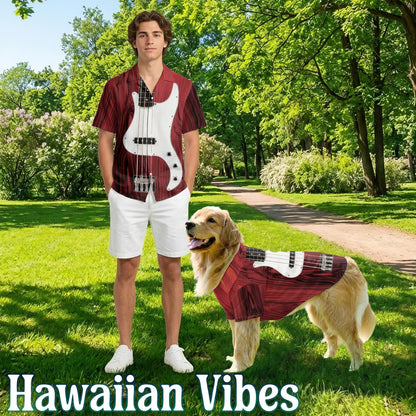 Netecom Matching Bass Guitar Hawaiian Shirt for Dog and Owner, Aloha Summer Shirt, Bass Guitar Print Button Down Outfit for Pet and Human, Beach Vacation Casual Wear