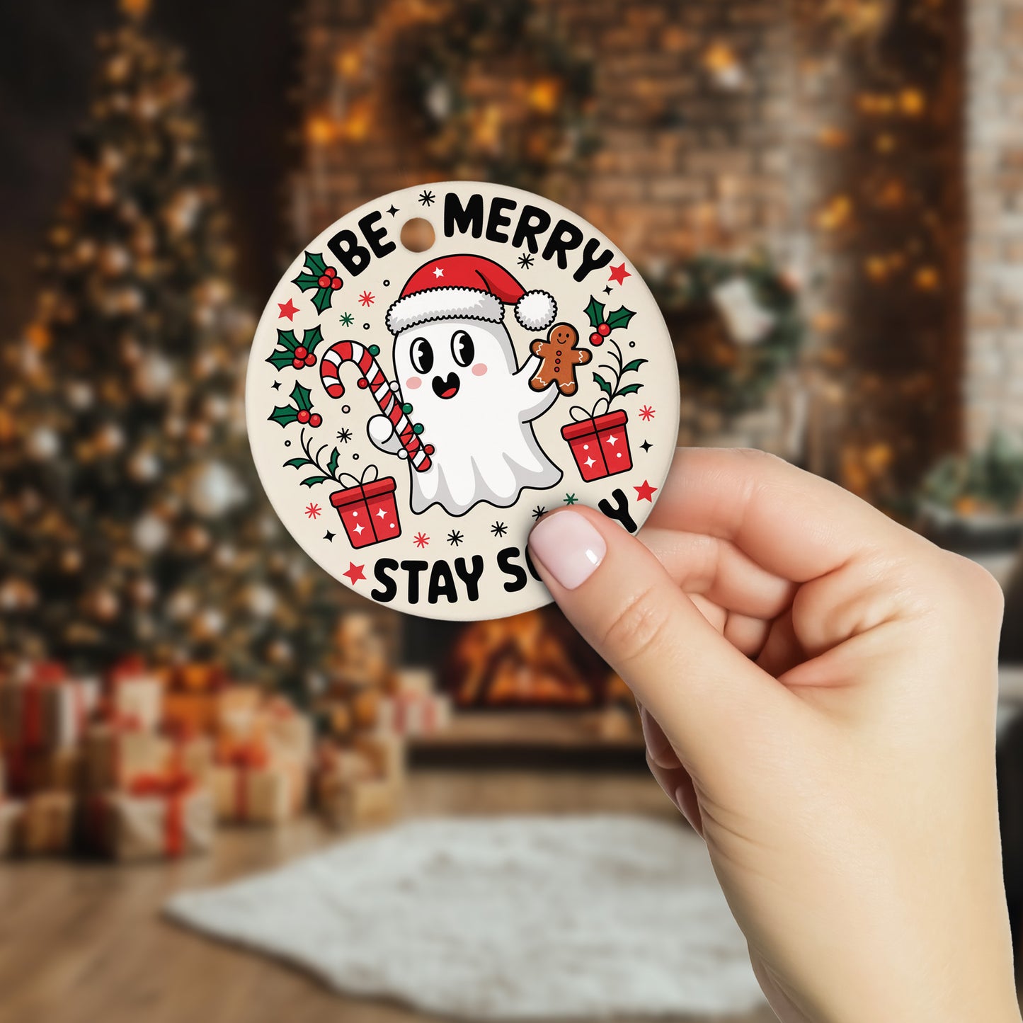 Netecom Funny Santa Ghost Christmas Ornament, Be Merry Stay Scary Ceramic Ornament for Xmas Tree Hanging Decorations Gift, Home Decor, Gifts for Friends & Family, Holiday Party Present