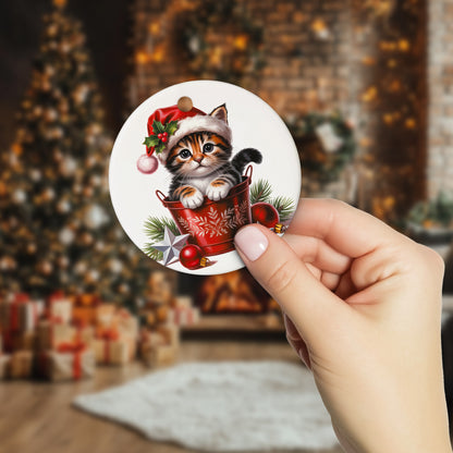 Netecom Cute Cat in Bucket Ornament, Cat with Santa Hat Ceramic Ornament for Christmas Tree Hanging Decorations Gift, Pet Lover Gifts, Home Decor, Holiday Party Present