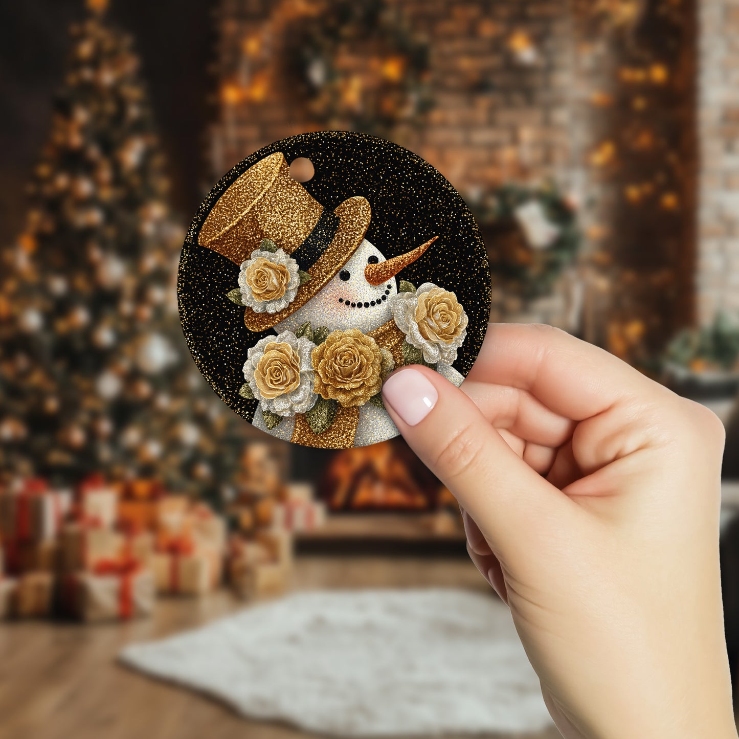 Netecom Gold Glitter Snowman Christmas Ornament, Funny Floral Ceramic Ornament for Xmas Tree Hanging Decorations Gift, Home Decor, Snowman Lover Gifts, Holiday Party Present