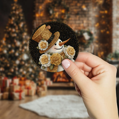 Netecom Gold Glitter Snowman Christmas Ornament, Funny Floral Ceramic Ornament for Xmas Tree Hanging Decorations Gift, Home Decor, Snowman Lover Gifts, Holiday Party Present