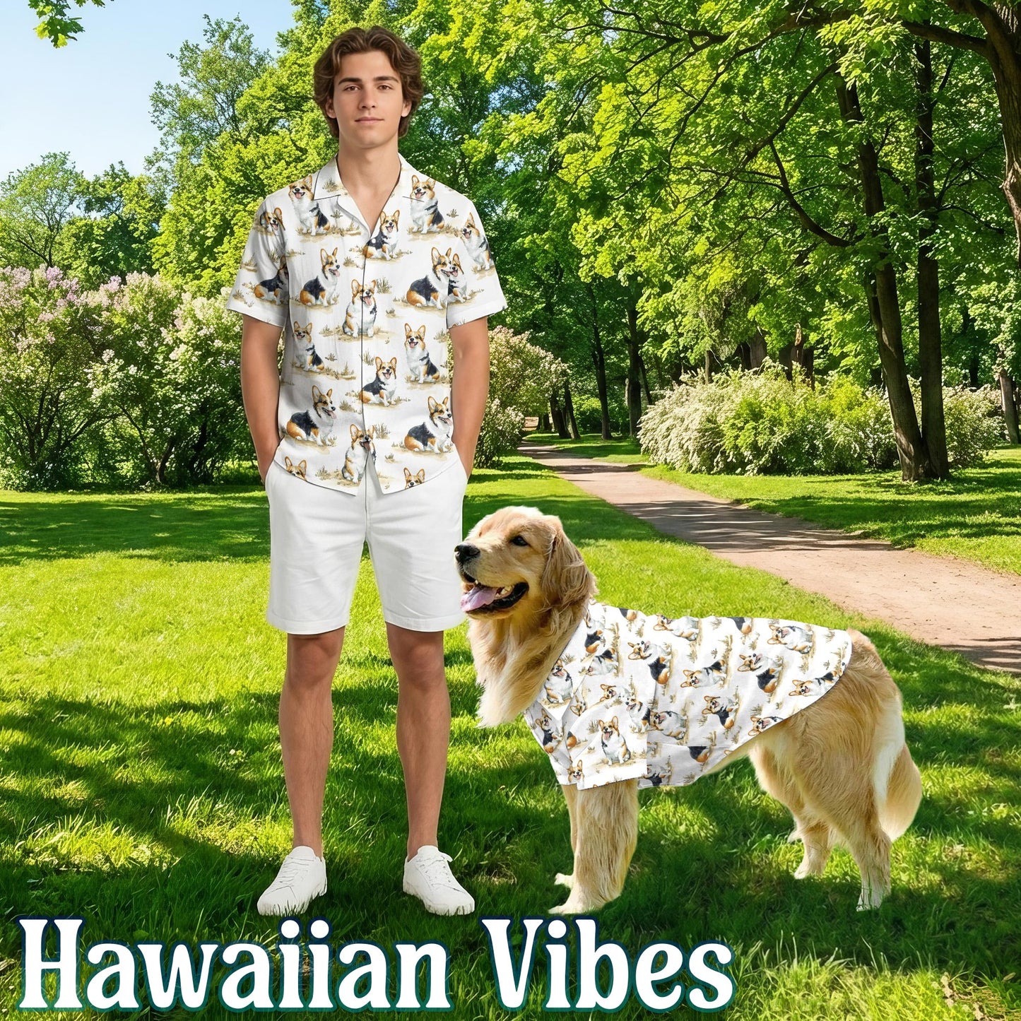 Netecom Matching Smiling Corgi Aloha Hawaiian Shirt for Dog and Owner, Happy Dog Print Summer Button Down Shirt, Fun Beach Vacation Casual Wear for Pet and Human