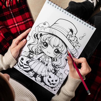 Cute Chibi Halloween Witchy Spiral Bound Coloring Book, Join the Adorable Halloween Celebration with 30 Enchanting Pages, Where Cute Chibi Witches Cast Spells of Delight.