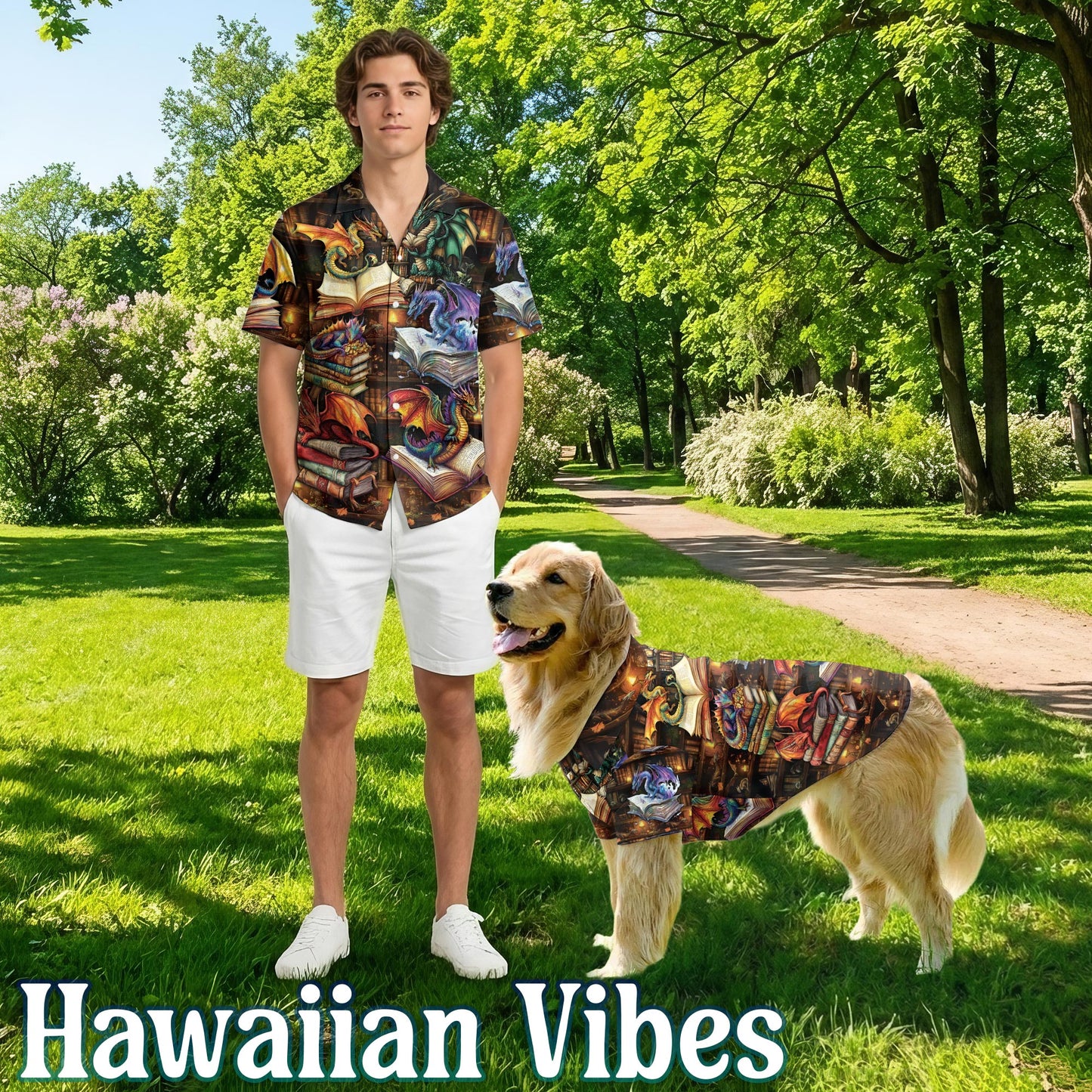 Netecom Matching Dragon Book Hawaiian Shirt for Dog and Owner, Aloha Summer Shirt, Dragon Reading Print Outfit for Pet and Human, Beach Vacation Casual Wear