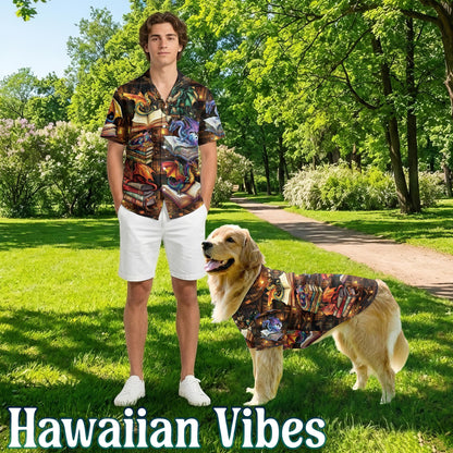 Netecom Matching Dragon Book Hawaiian Shirt for Dog and Owner, Aloha Summer Shirt, Dragon Reading Print Outfit for Pet and Human, Beach Vacation Casual Wear