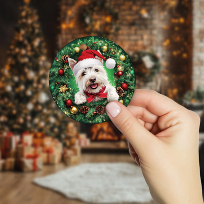 Netecom Funny West Highland White Terrier in Santa Hat Christmas Ornament, Westie Dog Ceramic Ornament for Xmas Tree Hanging Decorations Gift, Puppy Lover Gifts, Holiday Party Present