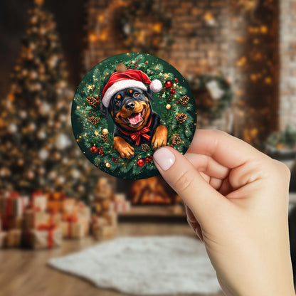 Netecom Cute Rottweiler in Santa Hat Christmas Ornament, Rottie Dog Ceramic Ornament for Xmas Tree Hanging Decorations Gift, Puppy Lover Gifts, Home Decor, Holiday Party Present