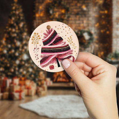 Netecom Elegant Pink Ribbon Christmas Tree Sign Ornament, Merry Christmas Ceramic Ornament for Xmas Tree Hanging Decorations Gift, Gifts for Friends & Family, Holiday Party Present