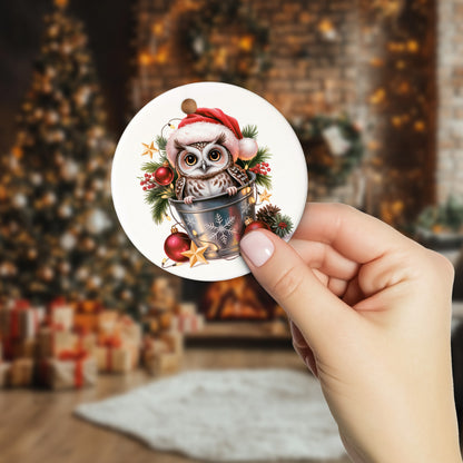 Netecom Cute Owl in Bucket Ornament, Owl with Santa Hat Ceramic Ornament for Christmas Tree Hanging Decorations Gift, Bird Gifts for Men Women, Holiday Party Present