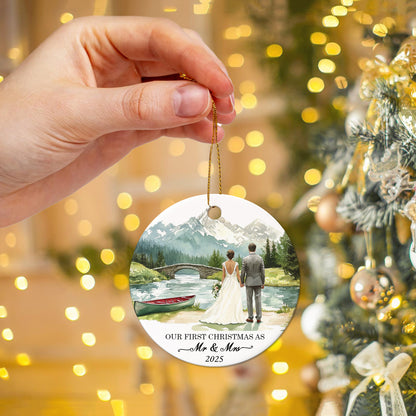 Netecom Elegant First Christmas Married Ornament, Our First Christmas as Mr and Mrs Ceramic Ornaments for Xmas Tree Hanging Decorations Gift, Wedding Gifts for Couples, Holiday Party Present