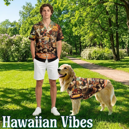 Netecom Matching Cats Playing Poker Aloha Hawaiian Shirt for Dog and Owner, Aloha Summer Shirt, Poker Playing Cat Print Outfit for Pet and Human, Beach Vacation Casual Wear