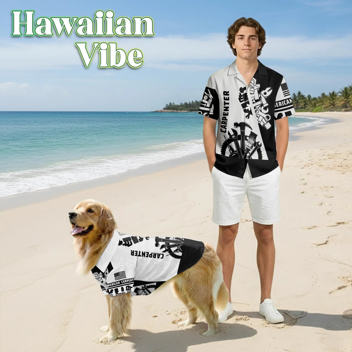 Carpenter Black White 3D Tools Hawaii Dog and Owner Matching Button Shirts