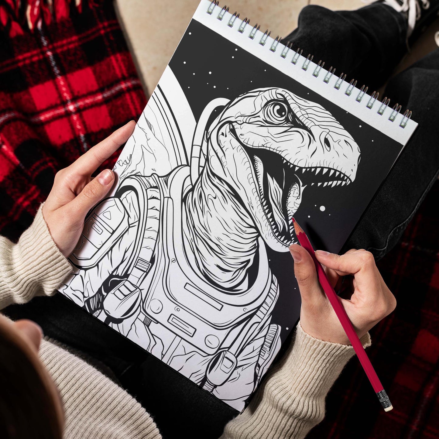 Dino In Space Spiral Bound Coloring Book, Unleash Your Creativity with 30 Mesmerizing Dino in Space Coloring Designs