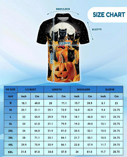 Black Cat Halloween Polo Shirt - Pumpkin Moon Night Style | Netecom