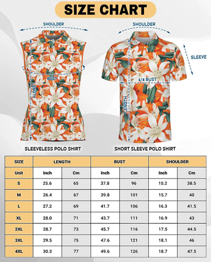 Orange Lily Print Sleeveless Polo Shirt for Women – Elegant Floral Style | Netecom