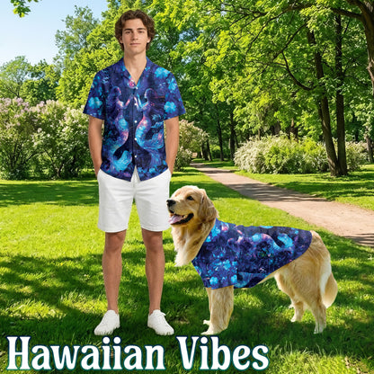 Netecom Matching Floral Mermaid Aloha Hawaiian Shirt for Dog and Owner, Black Ocean Inspired Summer Shirt, Relaxed Casual Outfit for Pet and Human