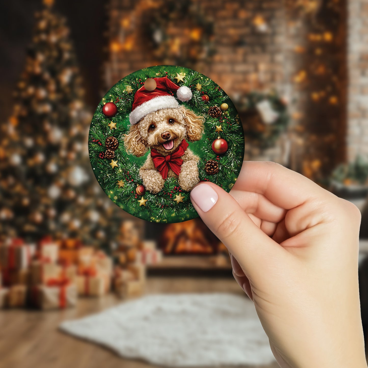 Netecom Cute Poodle Christmas Ornament, Dog Santa Hat Ceramic Ornament for Xmas Tree Hanging Decorations Gift, Puppy Lover Gifts, Home Decor, Holiday Party Present