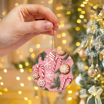 Netecom Funny Pink Holiday Sweets Christmas Ornament, Ceramic Candy Canes and Gingerbread Cookies Keepsake Ornament for Xmas Tree Decorations, Gifts for Holiday, Party, Home Decor