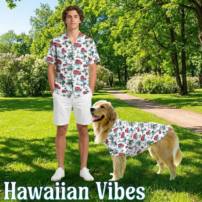 Netecom Matching Fire Truck Hawaiian Shirt for Dog and Owner, Friend of Firefighter Aloha Summer Shirt, Casual Button Down Style for Pet and Human