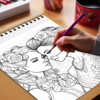 Proudly Girl Love Spiral Bound Coloring Book, Unleash Your Creativity with 30 Charming Pages Filled with Heartfelt Moments of Lesbian Romance and Empowerment.