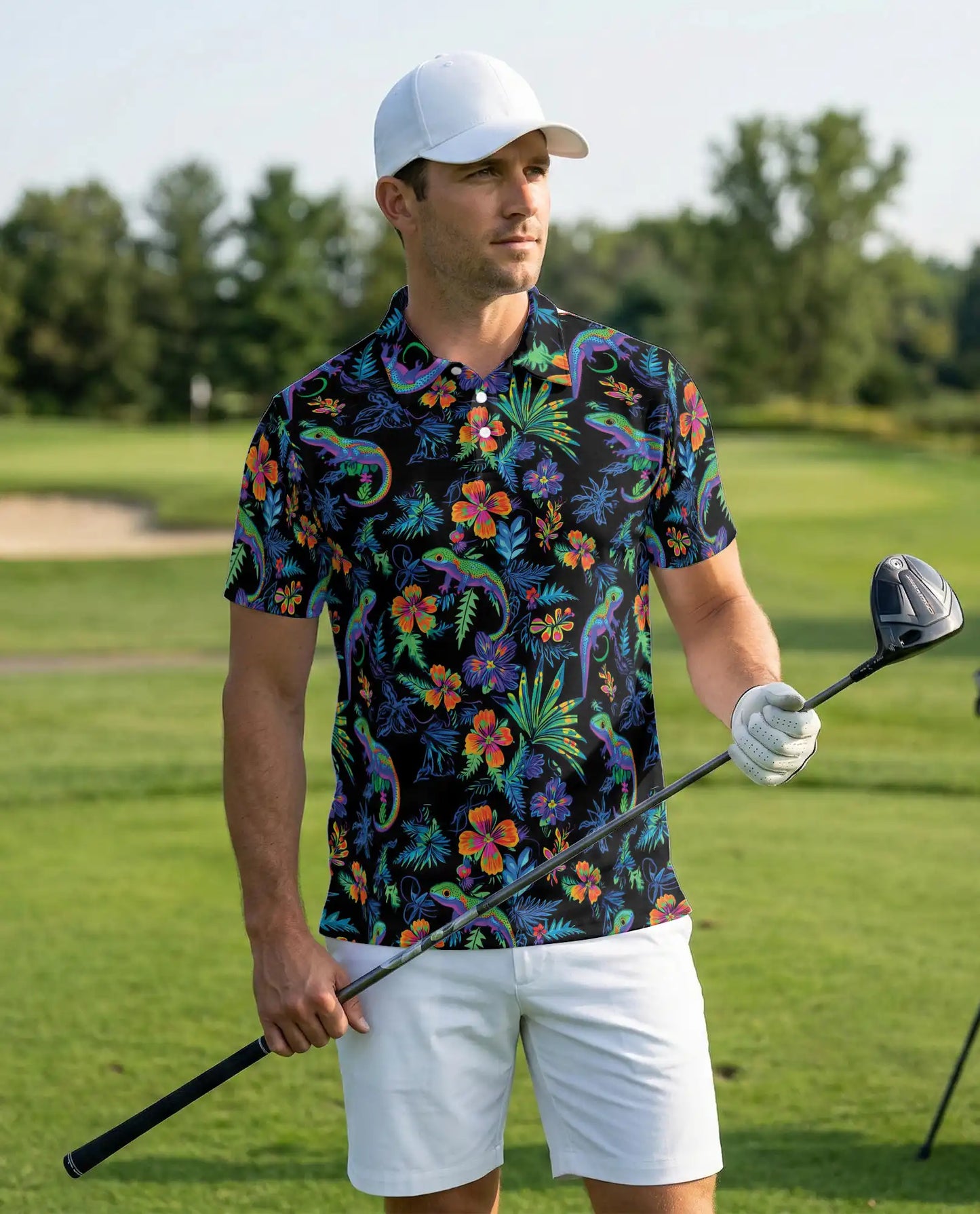 Colorful Chameleon 3D Polo Shirt for Men – Tropical Floral Reptile Style | Netecom
