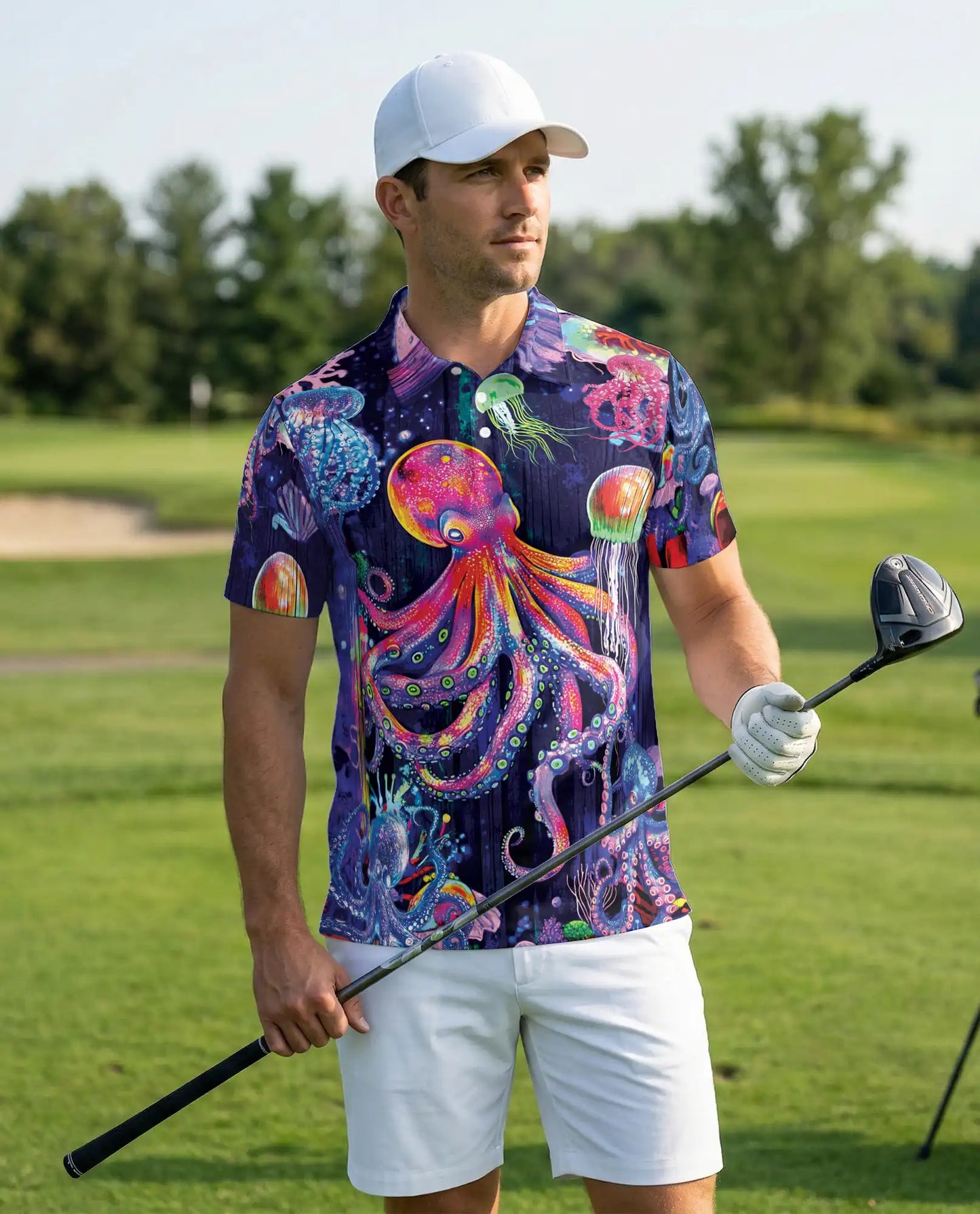 Neon Octopus Jellyfish 3D Polo Shirt for Men – Colorful Ocean Fantasy Style | Netecom