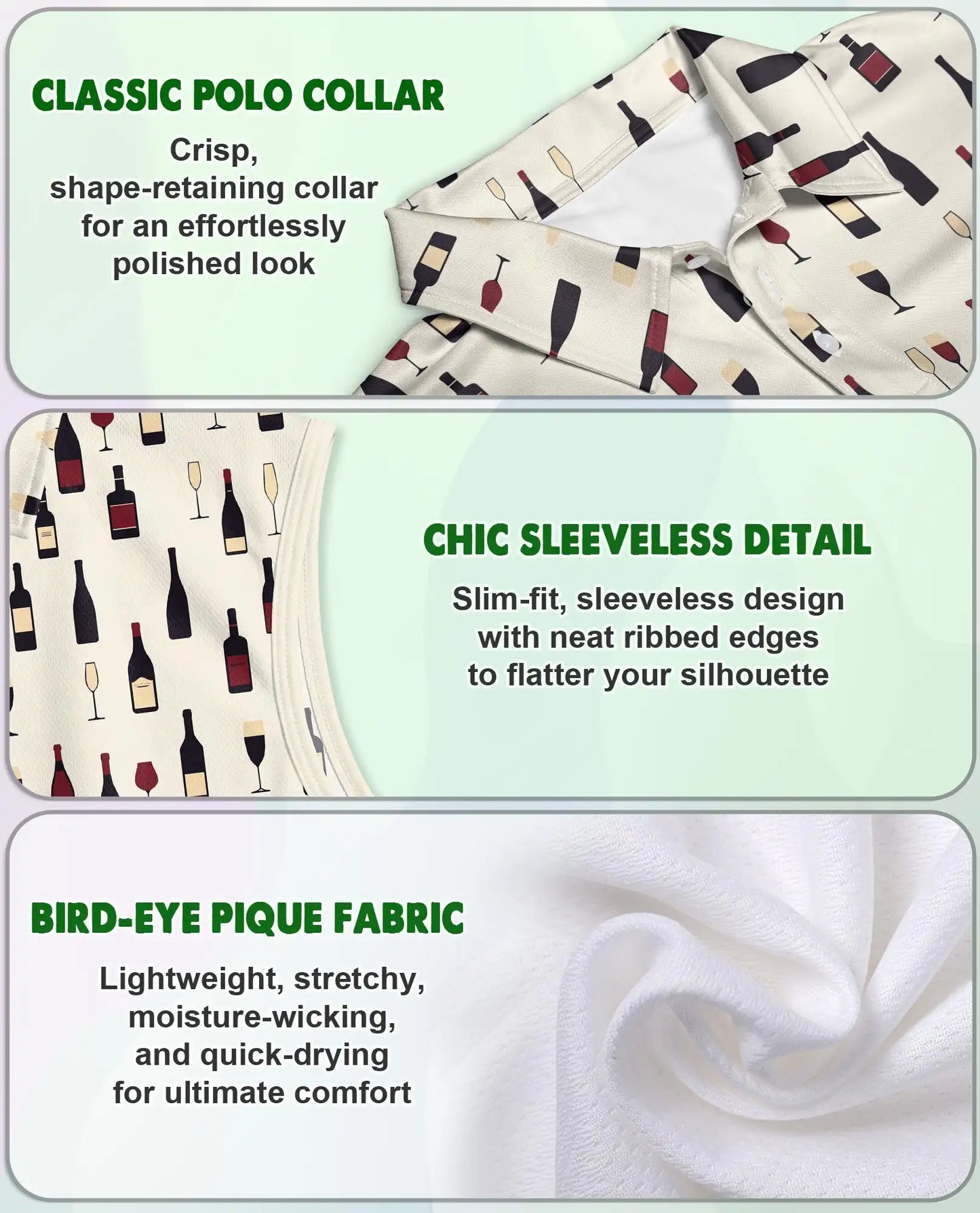 Wine Bottle And Glass Print Sleeveless Polo Shirt for Women | Netecom