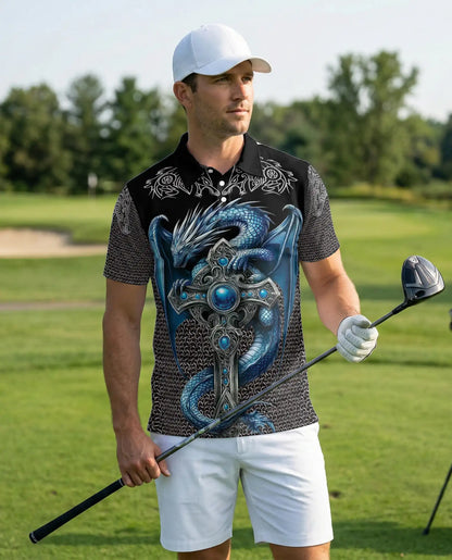 Blue Dragon Cross 3D Polo Shirt for Men – Medieval Fantasy Armor Style | Netecom