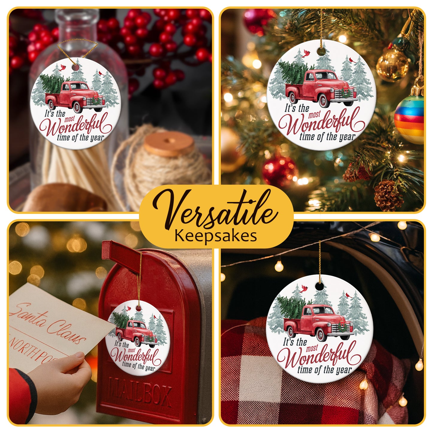 Netecom Funny Red Truck Christmas Tree Ornament, It’s the Most Wonderful Time of the Year Ceramic Ornament for Christmas Tree Hanging Decorations Gift, Truck Lover Gifts, Holiday Party Present