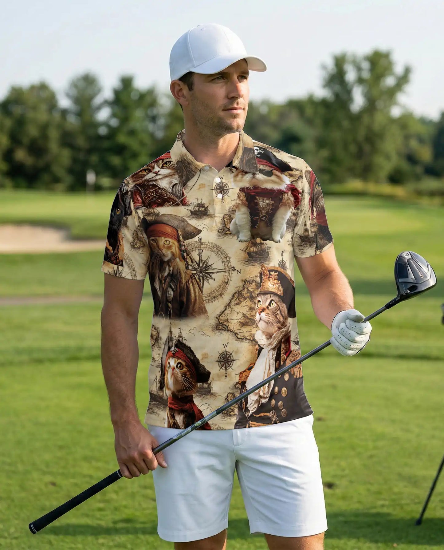 Pirate Cat 3D Polo Shirt for Men – Vintage Nautical Adventure Style | Netecom