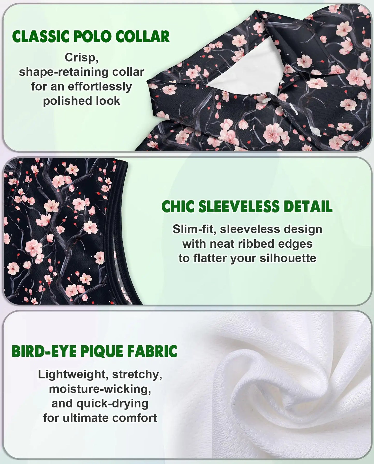 Cherry Blossom Branches Pattern Sleeveless Polo Shirt for Women | Netecom