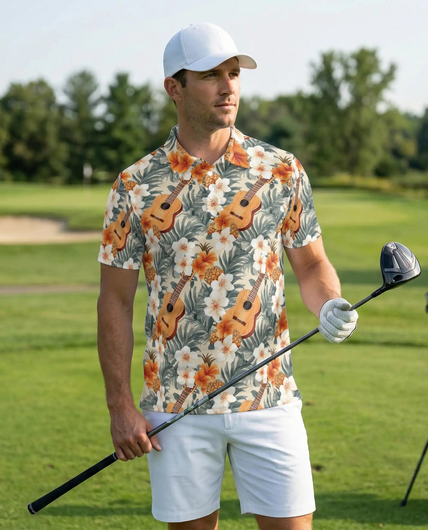 Tropical Ukulele Polo Shirt for Men-Print Hibiscus Pineapple | Netecom