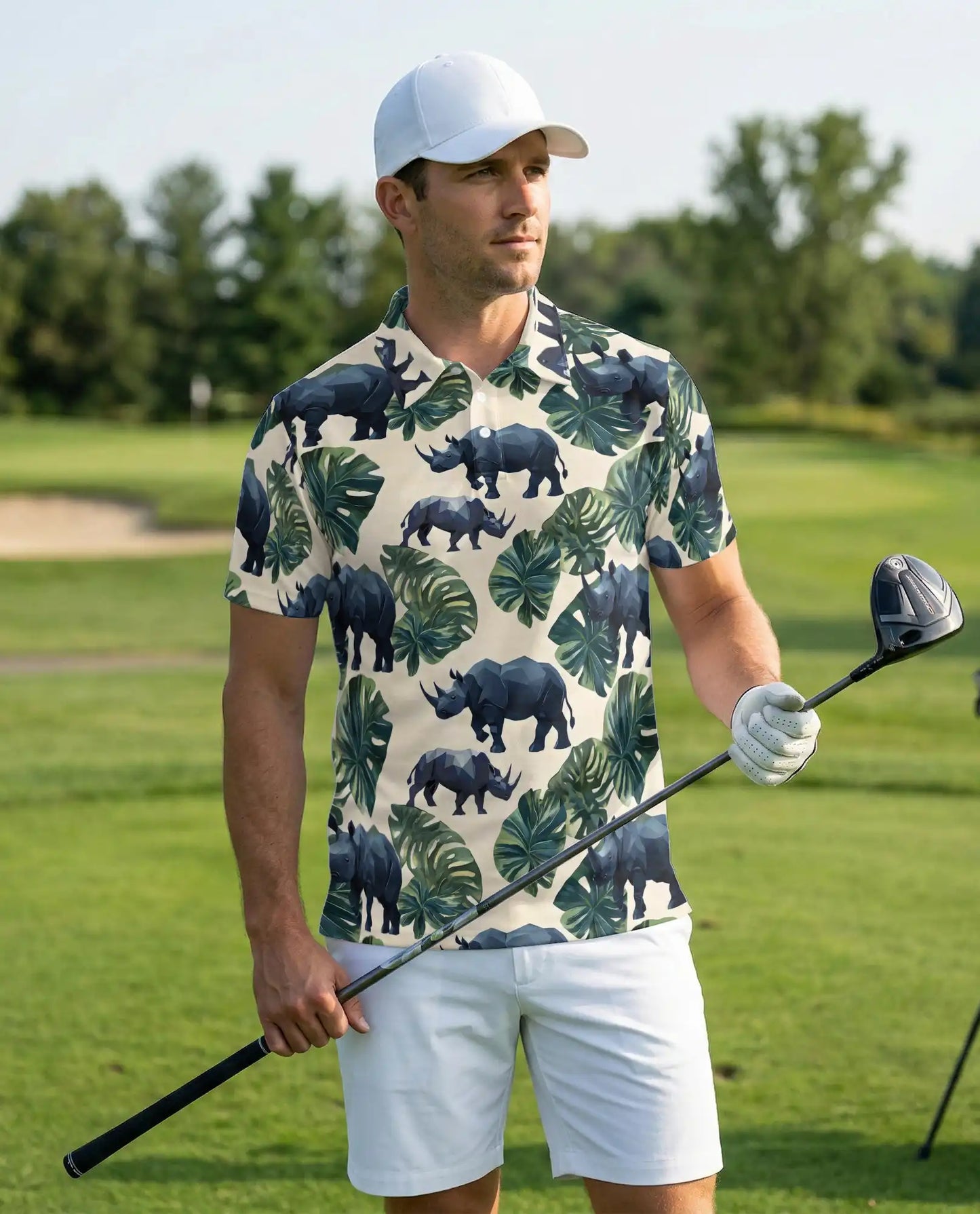 Geometric Rhino Tropical Polo Shirt-Safari Wildlife Jungle Pattern | Netecom
